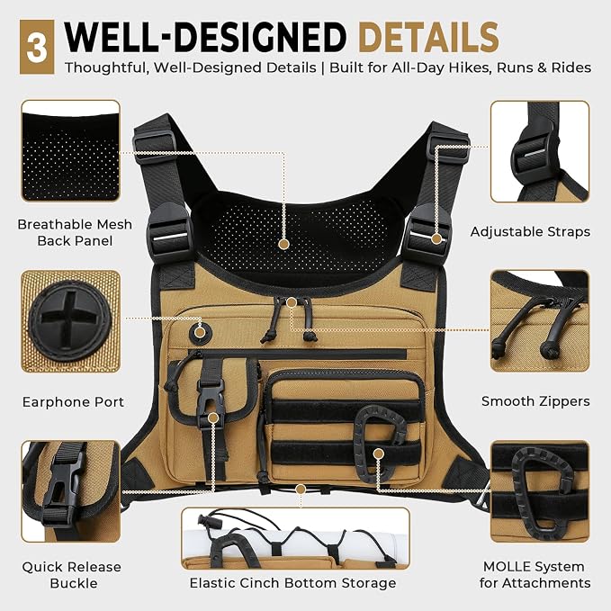 Muserise Outdoor Chest Bag For Men and Women, Tactical Vest For Running, Cycling, EDC Chest Pack Rig For Sports and Workouts