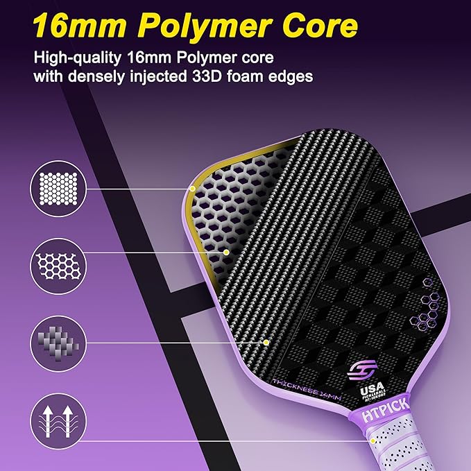 Pickleball Paddles, Carbon Fiber Pickleball Paddle High Grit & Spin with PP Honeycomb Core 16mm Thickness and Thermoformed Elongated Shape, Increased Power for Ultimate Spin & Consistency