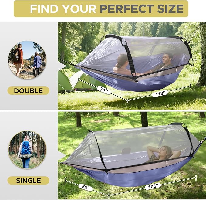 Sunyear Camping Hammock Tent - Portable Hammocks with Mosquito Net (Single/Double, 500lbs Capacity) - Spacious & Anti-Rollover Design with 2 Tree Straps for Hiking, Backpacking, Indoor/Outdoor Use