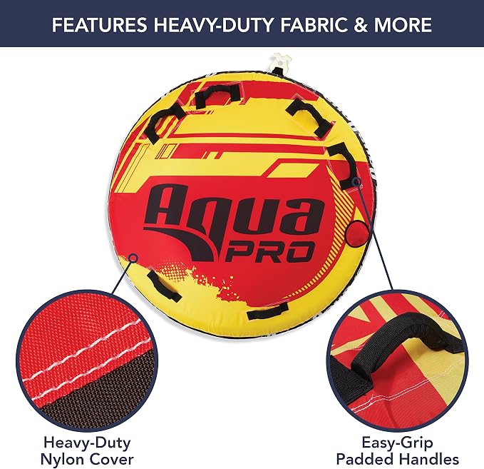 Aqua Pro Towable Tube for Water Sports – 1-2 Riders – Deck-Style Inflatable Boat Tube – Yellow/Red