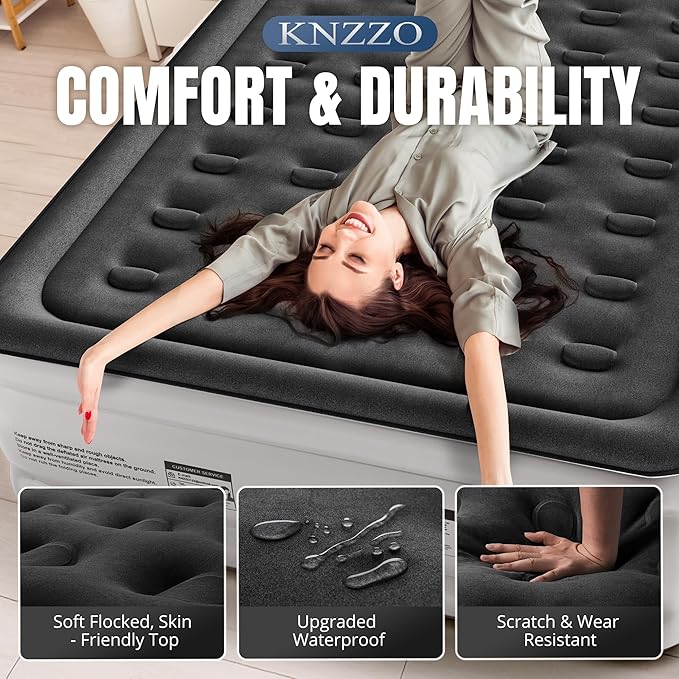 KNZZO Queen Air Mattress with Built-in Pump, 18" Top Inflatable Mattress with Waterproof Flocking Fabric, Three-Minute Quick-Inflatable Bed. Portable Blow Up Mattress for Home, Outdoor and Guests
