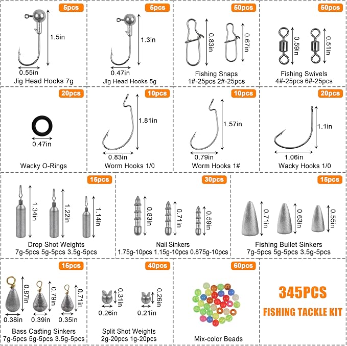 345pcs Fishing Accessories Kit, Fishing Tackle Box with Jig Head Hooks Worm Hooks Weights Sinkers Swivels Snaps Beads, Fishing Gear Set Equipment for Bass Trout Saltwater Freshwater Fishing