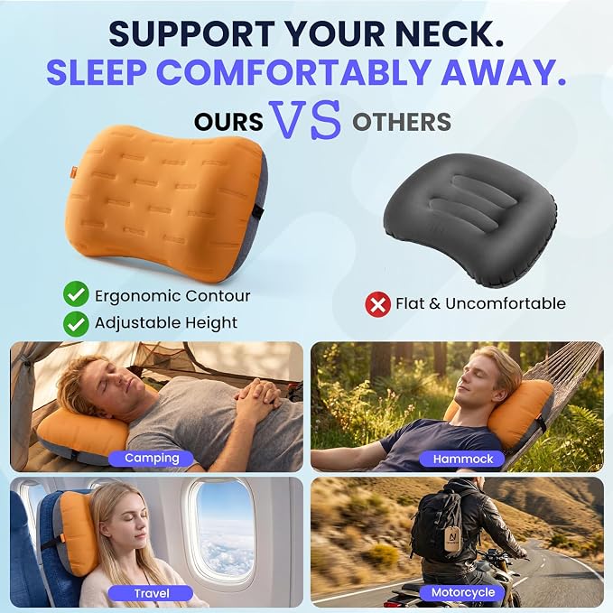 Inflatable Camping Pillow - Ultralight Compact Air Pillow for Travel, Backpacking & Hiking - Ergonomic Neck & Lumbar Support - Portable Inflatable Pillow with Removable Washable Cover - (Orange)