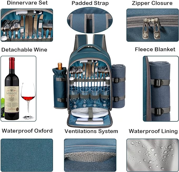 Hap Tim Picnic Basket Backpack for 4 Person with Blanket, Wine Holder, Cooler Compartment, Cutlery Set, Couples Gifts, Mr & Mrs Gifts, Bridal Shower Gifts, Registry Wedding Registry, Blue (3065-BL)
