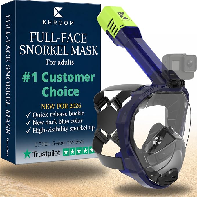 Khroom Full Face Snorkel Mask Adults | CO2-Safe Snorkeling Mask for Adults | 3X Larger Air Intake for Easy Breathing | Anti-Fog 180° View | Adult Snorkel Mask for Men & Women