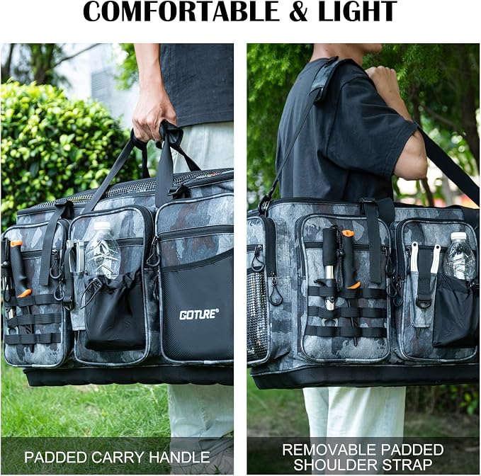 Goture Large Tackle Bag,Water Resistant Saltwater Gear Storage Big Fishing Bag with EVA Bottom,Store Up to 12PCS 3700 Plus 5PCS 3600 Tackle Trays(Not Included),Gifts for Men(26.38"x15.35"x11.42")