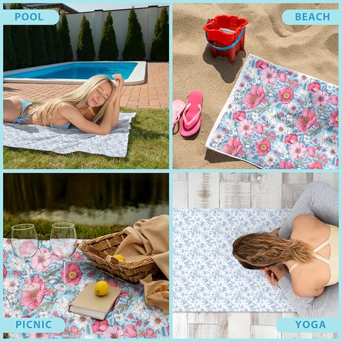 2 Pcs Microfiber Beach Towel Sand Free Quick Dry Oversized Vintage Shabby Chic Floral Dusty Blue White Design Pool Travel Essentials Bath Towels for Adults 71 x 32 Inches