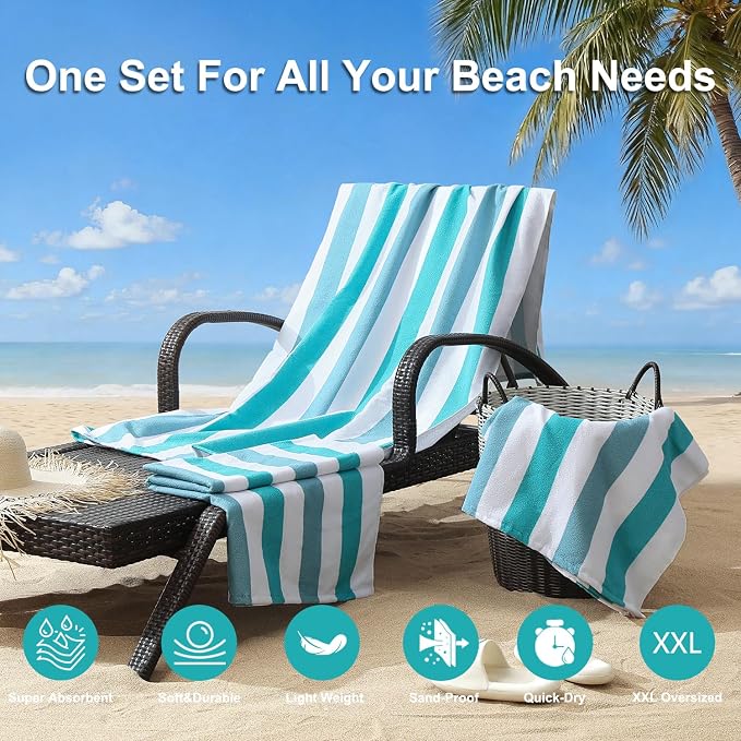 Jessy Home 4 Pack Striped Oversized Beach Towel Set, 40x70 Inch Microfiber Sandproof Quick Dry Super Soft Swim Towels, Absorbent Stylish Pool Towels, Swim Cover Up for Beach Vacation Travel