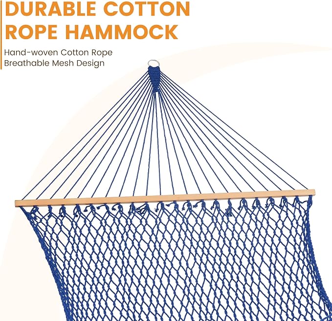 Lazy Daze Hammocks 12FT Double Rope Hammocks, 2 Person Hand Woven Cotton Hammock with Spreader Bar for Outside, Patio, Poolside, FIT 13-15 FT Stand, Max 450 Lbs, Blue, 141 x 57 inches