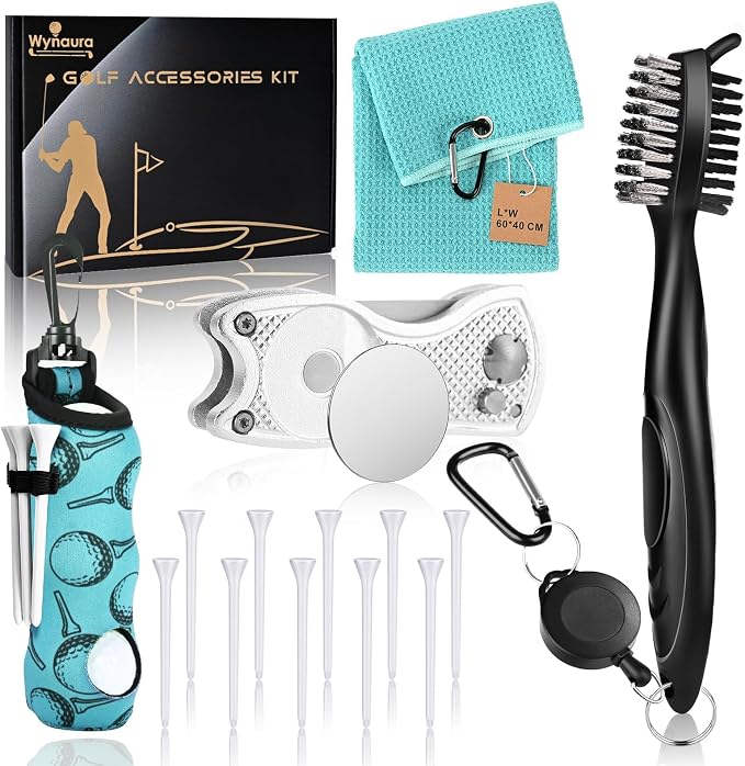 15 Pcs Golf Accessories Kit, Includes Cleaner Brush Towel Tees Golf Ball Bag with Hook Divot Tool with Ball Marker, Golf Essentials Kit for Women Man Gifts