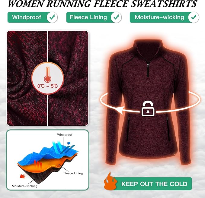 Soneven Women's Thermal Fleece Running Shirts Warm Winter Pullover Cold Weather Workout Hiking Tops with Thumb Holes Pockets