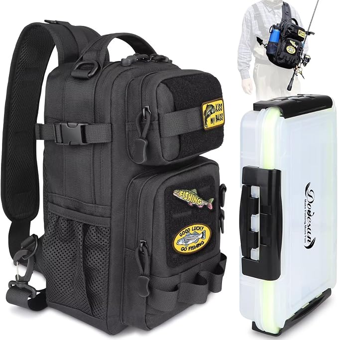 Dovesun Small Fishing Backpack with Tackle Boxes Fishing Sling Bag DIY Embroidery Patches Tackle Bag Gift for Men Black