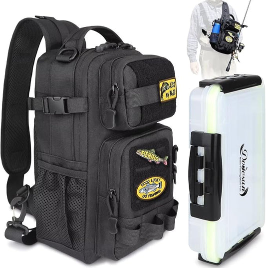Dovesun Small Fishing Backpack with Tackle Boxes Fishing Sling Bag DIY Embroidery Patches Tackle Bag Gift for Men Black