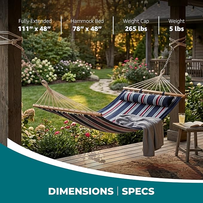 Bliss Hammocks BH-404C 48in Wide Caribbean Hammock w/Pillow, Outdoor Poolside Patio Backyard Hammock, Includes Velcro Straps & Chains, Eco Friendly Polyester & Cotton Blend, 265lb Capacity, Patriot