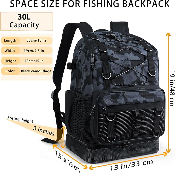 Fishing Backpack with Rod Holder, Heavy Duty Fishing Bag with Waterproof Bottom, Tackle Backpack Gifts for Man Woman-Black Camo