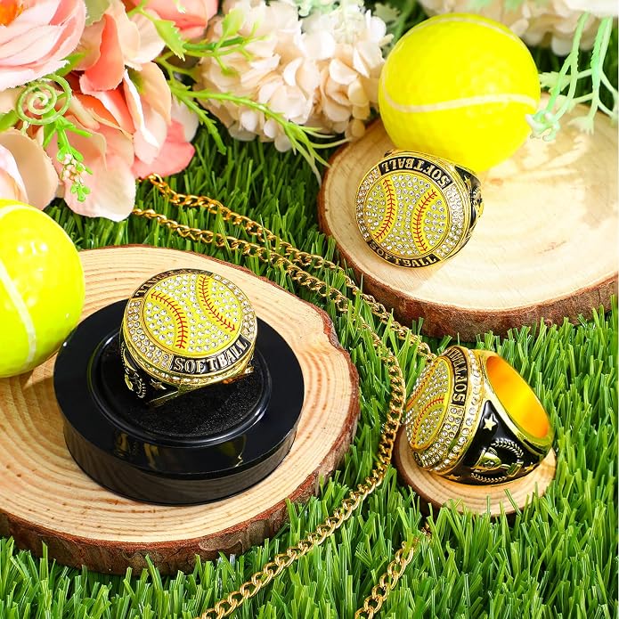 Highergo 20 Pcs Baseball Softball Basketball Football Champion Rings with Display Neck Chain and Stand Volleyball Soccer Cheer Trophy Rings Bulk for Tournament Award Gift