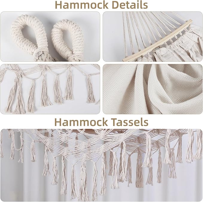 Bellzacasa Double Hammock, Heavy Duty 500 lb Load Capacity Tassels and Fishtail Knitting Portable Camping Hammocks with Mounting Straps for Outdoor Camping Patio Balcony Beige