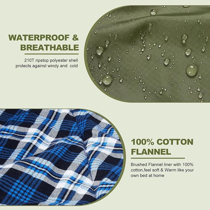Cotton Flannel Double Sleeping Bag with Fleece Lined Hood, Waterproof Queen Size 2 Person Sleeping Bag for Adults Cold Weather Camping Backpacking or Hiking, 3-4season