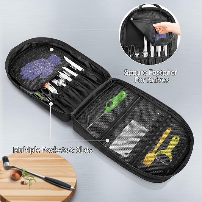 samdew Three-layer Chef Backpack with Knife Bag, Professional Knife Backpack & Chef Bag with 12 + 23 Slots & Multiple Pockets, Chef Knife Carrying Case Roll for Kitchen Utensils (Knife Not Included)