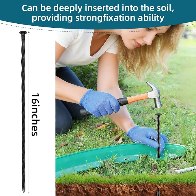 16 Inch Spiral Landscape Stakes, 12 Pack Heavy Duty Metal Ground Anchor Spikes for Paver Edging, Weed Barrier, Camping Tent