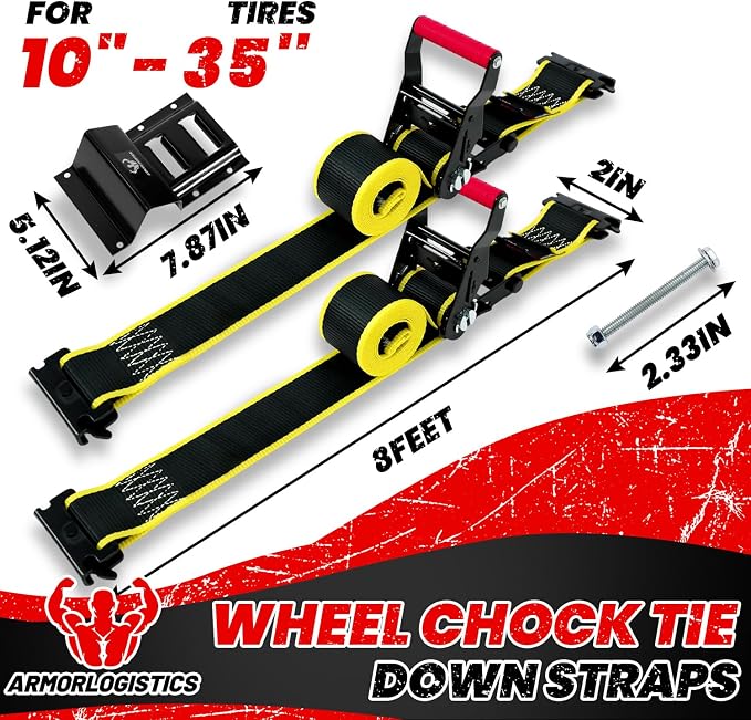 4Pack UTV Wheel Chock Tie-Down Kit, 2 in x 8 ft Heavy Duty Trailer Tire Straps, 4400lb Max Break Strength E Track System for ATV, UTV, SXS, Mower and More (Black)
