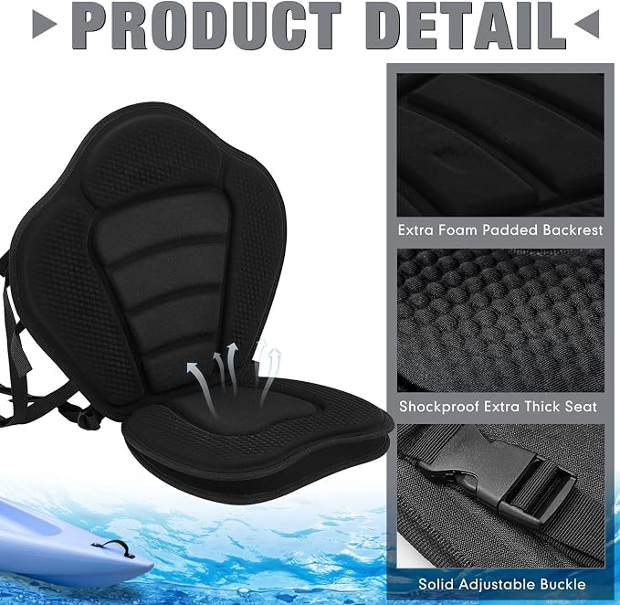 Lewtemi Thicken Kayak Seat with Back Support Canoe Paddle Board Seat with Detachable Storage Bag Adjustable Sit on Top Paddleboard Cushion for Kayaking Canoeing Rafting