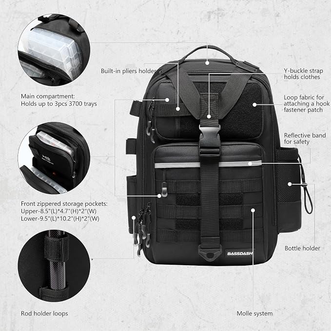 BASSDASH Convertible Fishing Backpack Sling Bag with Rod Holder, Adjustable Tactical Water-Resistant Tackle Storage Pack FP07