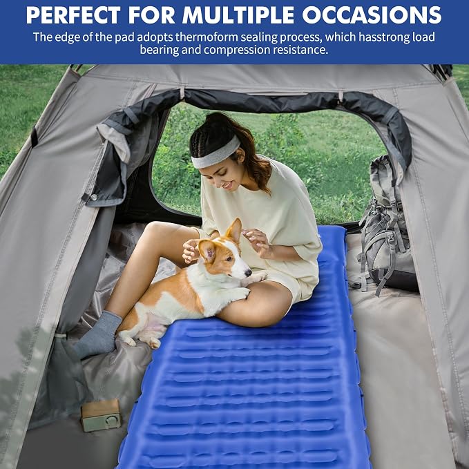 HiiPeak Double Sleeping Pad Self Inflating 3" Extra-Thick for 2 Person with Pillow Built-in Foot Pump Inflatable Sleeping Mat for Backpacking, Hiking, Traveling, Tent, Camping Mat (Single Blue)