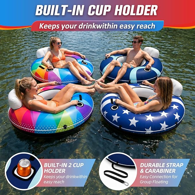 ZEALFEEL River Tube, 53'' River Float Tube with Premium Canvas Cover, Comfortable Backrest, 2 Built-in Cup Holders, Tow Strap & Handles, Inflatable PVC Water Inner Tubes for Adults Lake Pool Floating