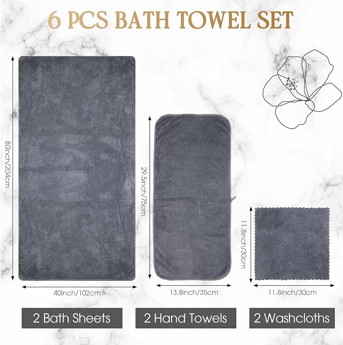 Peryiter Oversized Bath Towels Set of 6 for Adults 40x80 Inches Extra Large Bath Towel Sets Bathroom Sheets Jumbo Shower Towels Quick Dry Absorbent Soft Microfiber for Adults(Gray)