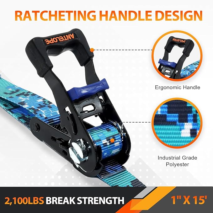 Ratchet Tie Down Straps Set, 2100 LBS Breaking Strength, 4 Pack 1" x 15' Heavy Duty Ratchet Straps, Cargo Strap, Motorcycle Straps for Trucks, Bicycle, Kayak, Moving, Tie Downs with S Hooks, Camo
