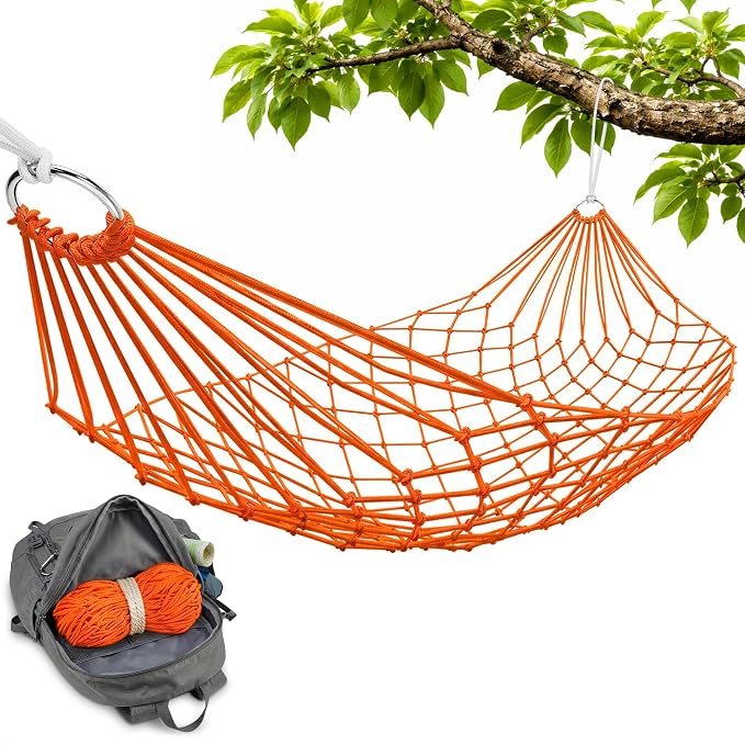 Mesh Hammock - Loop & Lounge Between Two Trees, Rope Hammocks for Outside Camping - No Stand Needed, 220 lb Capacity, Lightweight 13 oz Nylon Net Bed for Backyard Garden Patio Beach Travel, Orange