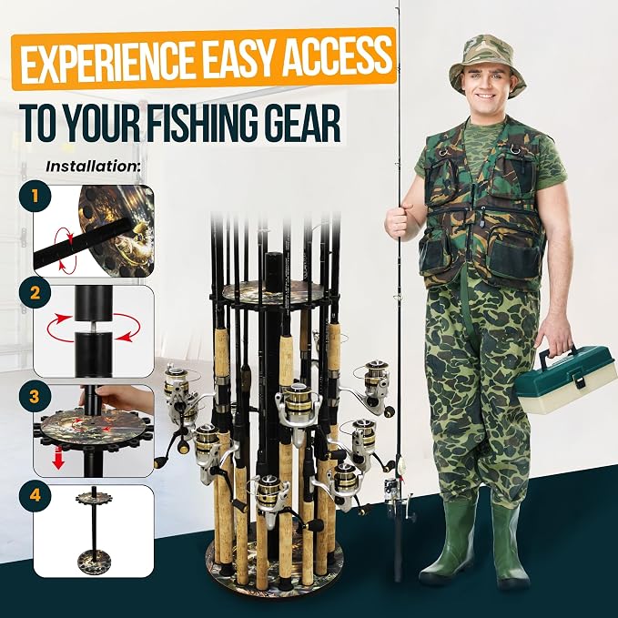 Rush Creek Creations 16-Rod Round Fishing Rod Holder for Garage, 360° Access Fishing Pole Holder for Rods, Reels, Gear, Accessories, and Tackle Box, Securely Holds 16 Rods, Bass