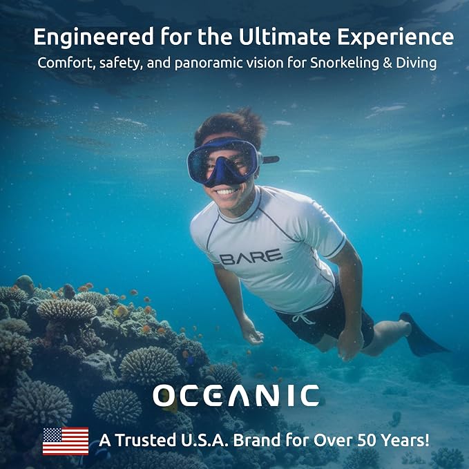 Oceanic Snorkel Mask for Adults, Frameless Single Lens Mask with Tempered Glass, Soft Silicone Skirt & Strap, Quick-Release Buckles for Snorkeling & Scuba