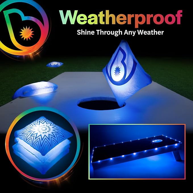 Brightz Cornhole Board Edge Lights with LED Bags - Includes 4-Pack of LED Cornhole Bags + TossBrightz Cornhole Board Edge Lights - The Ultimate Night Time Cornhole Master Set