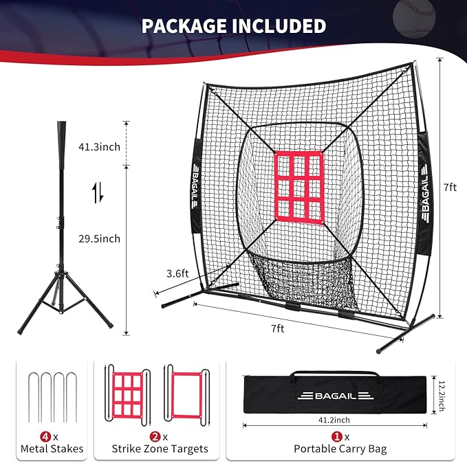BAGAIL 7x7 ft Extra Large Baseball & Softball Training Net with Batting Tee, Heavy Duty Reinforced Steel Frame, Oversized Hitting Zone for All Levels, Portable Backstop with Carry Bag