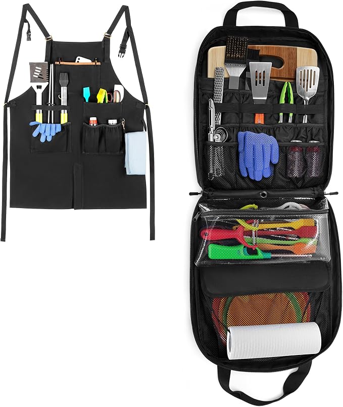HODRANT Hanging Camp Utensil Organizer & Anti-oil BBQ Grilling Apron, Camping Kitchen Cookware Bag with Towel Paper Holder & Cooking Apron for Men & Women with Dual Shoulder Straps & Adjustable Buckle