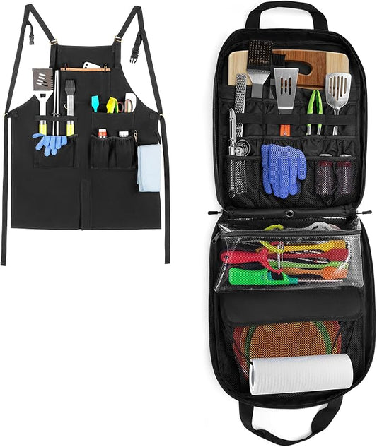 HODRANT Hanging Camp Utensil Organizer & Anti-oil BBQ Grilling Apron, Camping Kitchen Cookware Bag with Towel Paper Holder & Cooking Apron for Men & Women with Dual Shoulder Straps & Adjustable Buckle