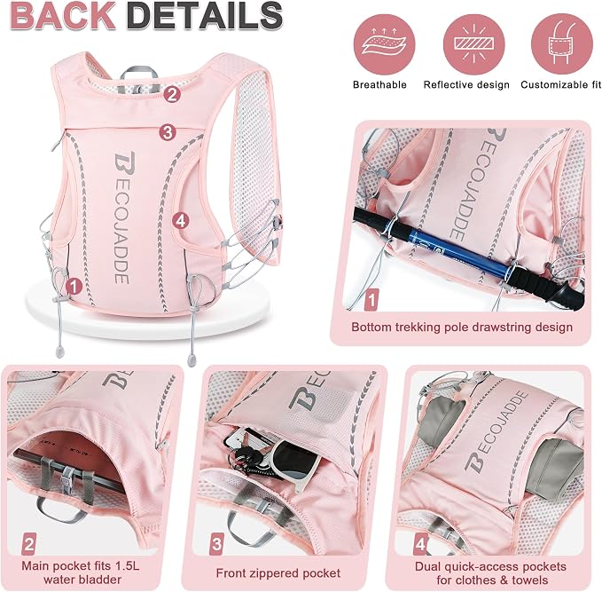 BECOJADDE 5L Running Vest for Women, Hydration Backpack Lightweight & Breathable for Trail Running, Marathon, Hiking, Cycling