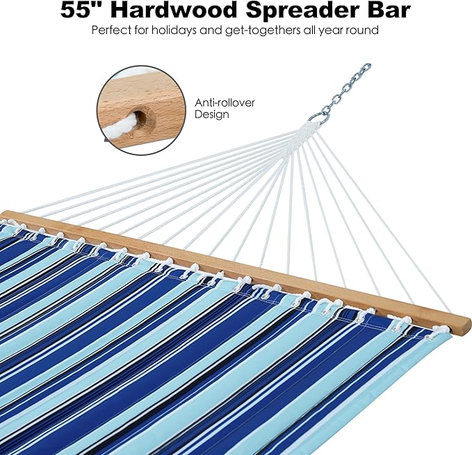 GAFETE Hammock 2 Person Quilted Fabric Hammocks for Outside, Double 12ft Hammocks with Spreader Bar, Large Removable Pillow, Storage Bag, Carabiners, Max 475 lbs Capacity (Catalina Beach)