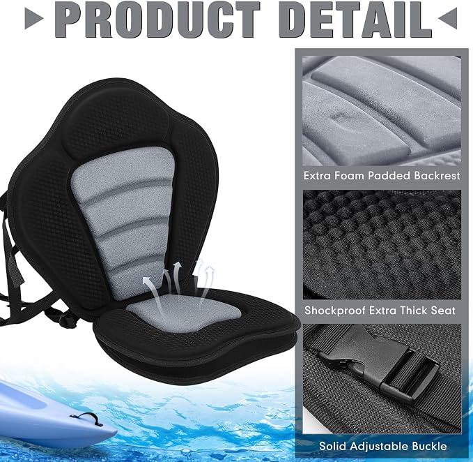 Lewtemi Thicken Kayak Seat with Back Support Canoe Paddle Board Seat with Detachable Storage Bag Adjustable Sit on Top Paddleboard Cushion for Kayaking Canoeing Rafting