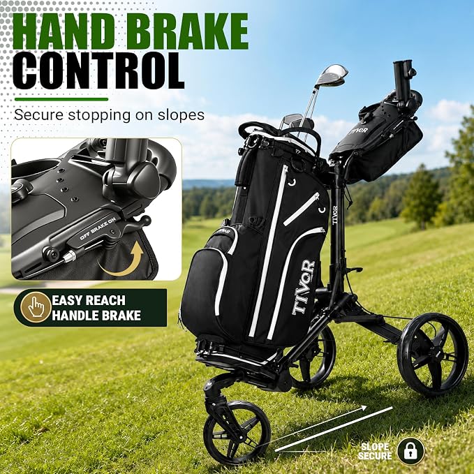 Tivor Golf Push Cart with 360° Front Wheels & Handbrake, 3 Wheel Pull Cart Offers One-Click Folding and All-Terrain Mobility