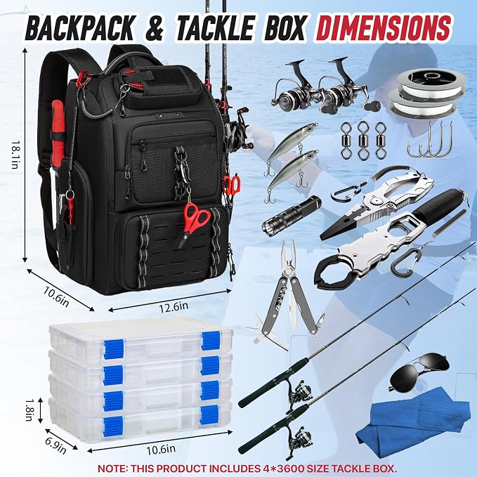 Fishing Tackle Backpack, 40L Tackle Bag with 2 Rod Holders & 4 Tackle Boxes, Water-Resistant Large Storage Fishing Gear and Equipment, Fisher Gifts for Men, Black