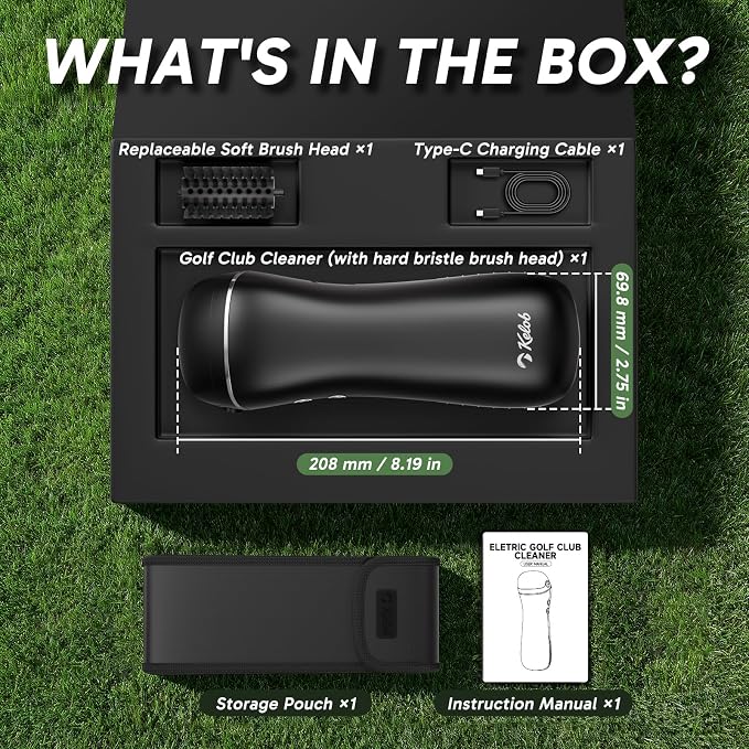 KELOB Electric Golf Club Cleaner Brush – 360° Auto-Rotating, 100ml Water Tank, 2000mAh Type-C Rechargeable, 2-Speed & 2 Brush Heads – High-Pressure Spray for Grooves, Ideal Golf Gift