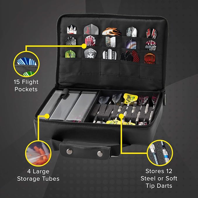 Casemaster The Pro Leatherette Dart Case with Leather-Like Exterior Covering, Holds 9 Steel Tip or Soft Tip Darts with 15 Built-in Pockets for Accessories and Plastic Tubes and Containers for Even More