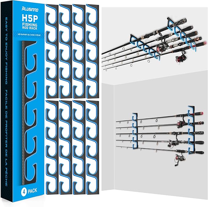 PLUSINNO H5P Fishing Rod/Pole Holders for Garage, Wall or Ceiling Mounted Fishing Rod Holder with Soft Protective Pad, Fishing Rod Storage Organizer Holds up to 5/10/20 Rod or Combos or Nets