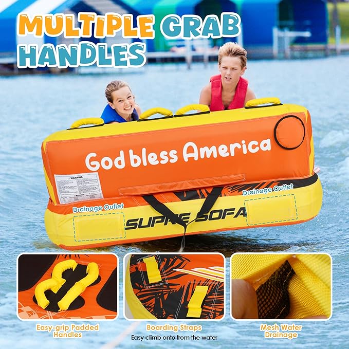 Towable Tubes for Boating - 2-3 Person Shark Battle Tank, Boat Tubes & Towables, EVA Foam Pads, Drainage, Super Safe Handle, Quick Connector