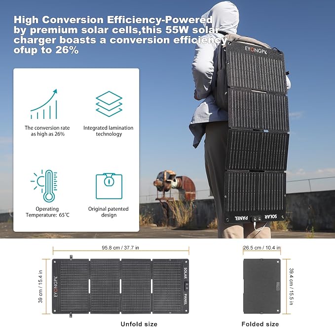 EYONGPV 55W Foldable Solar Panel Charger with Owl-Eye LED, USB-C & USB-A DC Fast Charging, Portable Solar Charger for Camping, Hiking, RV, Outdoor, Compatible with iPhone, iPad, Samsung Galaxy, GPS