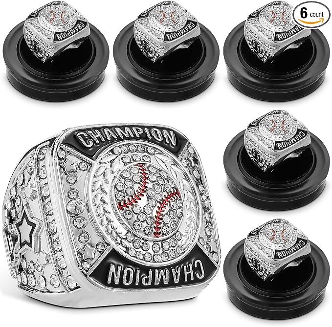 Landical 6 Pack Baseball Rings Softball Championship Rings Ball Games Championship Trophy Rings Sport Award Gift with Display Neck Chain and Stand for Tournament or League Champion Winner