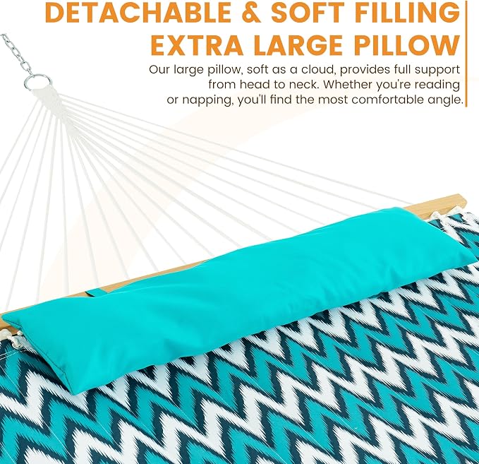 Lazy Daze Hammocks 12 FT Quilted Fabric Double Hammock with Spreader Bars and Detachable Pillow, 2 Person Hammock for Outdoor Patio Backyard Poolside, 450 LBS Weight Capacity, White & Blue Chevron